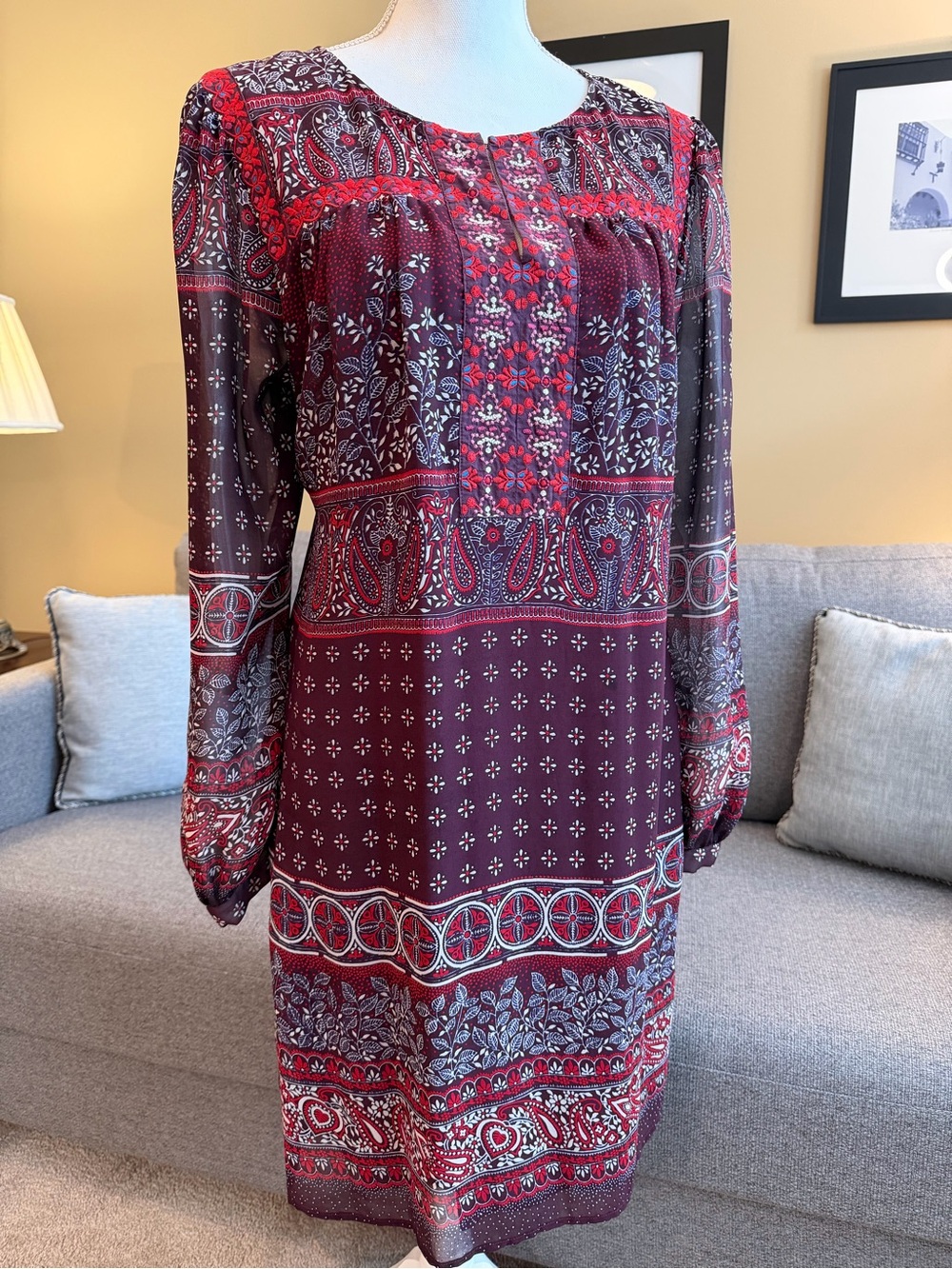 One September Boho Paisley Long-Sleeve Shift Dress - Purple/Red